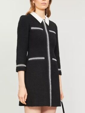 Maje Renali Contrast Collar Tweed Mini Dress Black White Button W/ Tags FR 34 XS